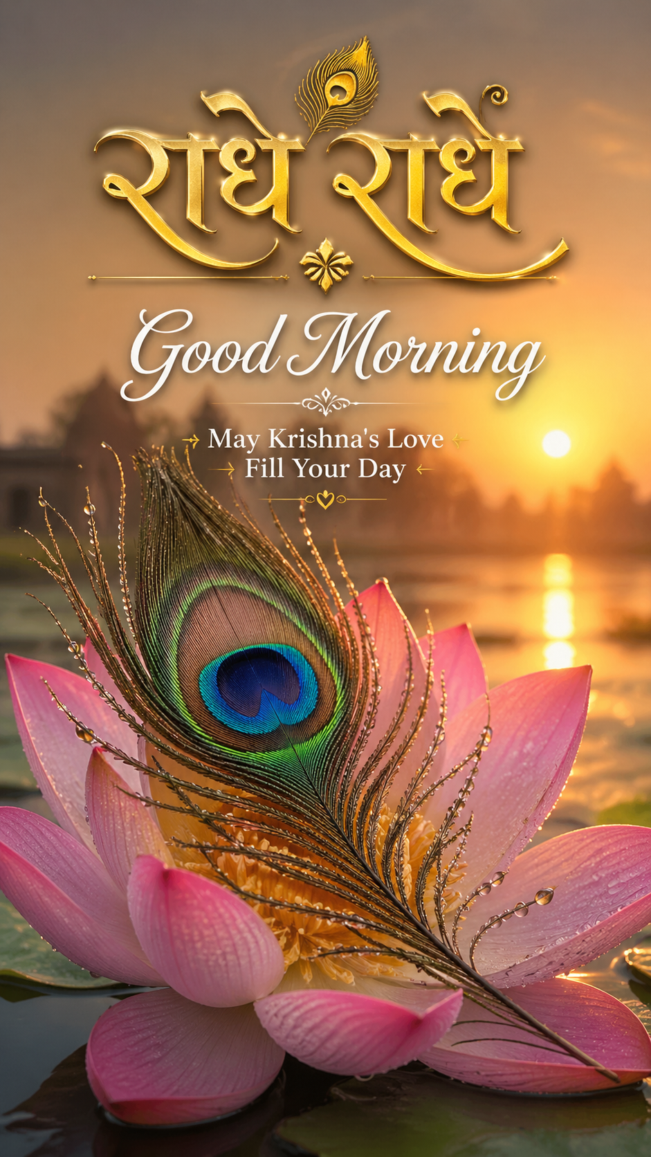 Good Morning Krishna peacock feather with dew drops on lotus and sunrise light morning greeting